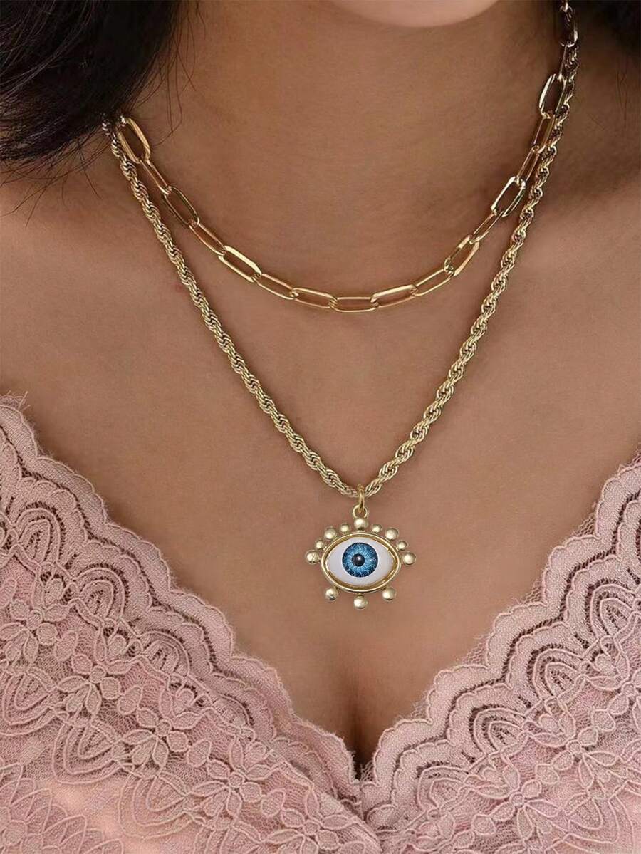 Nooxian 2pcs Personalized Elegant Braided Chain With Evil Eye Pendant Necklace Set For Women (Chain, Clasp & Bead Quantity Randomly Assorted) - Yellow Gold - View 1