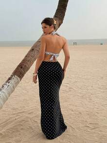 女士黑白波点挂脖系带比基尼套装，含配套半身裙，是夏季海滩度假的完美之选 - 黑與白 - 查看 5