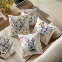 MEMNUN 4件套复活节花卉边框兔子印花涤纶装饰抱枕套【不含枕芯】，尺寸：17.7*17.7英寸（45*45厘米）/19.69*19.69英寸（50*50厘米）/15.75*15.75英寸（40*40厘米），【单面印花】花卉蝴蝶复活节春季主题抱枕套，适用于沙发、床、客厅、卧室、汽车、办公室、酒店装饰，是馈赠亲友的完美礼物，复活节家居纺织品装饰 - 彩色 - 查看 10