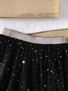2pcs/Set Girls Summer Camisole Top And Star Mesh Skirt Set - Black - View 7