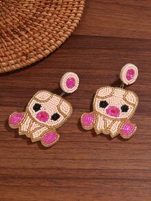 1 Pair Cute Piglet Rice Bead Pearl Earrings - Creative Handmade Design Piglet Shape Earrings, Exquisite Adorable Healing Women's Fashion Earrings - Multicolor - View 5