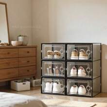6/12/24-Pack Shoe Storage Boxes, Transparent Plastic Stackable Shoe Cabinet Organizer, Space-Saving Folding Athletic Shoe Container Rack - 黑色 - 查看 2