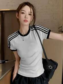 4-Stripe Women's Student White Simple Street Style Casual Commute Personalized Y2K Fitted Waist Sexy Round Neck Short Sleeve T-Shirt, Spring/Summer - White - View 4