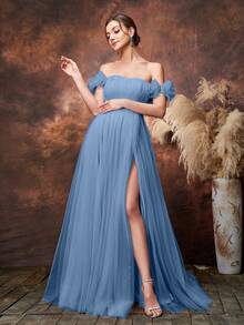 Faeriesty Elegant Maternity Off-Shoulder Maxi Party Gown | Sheer Mesh Fabric, 3D Floral Appliques - Dusty Blue - View 6
