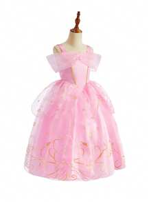 4pcs Pink Floral Pattern Girls Sleeveless Dress Crown Magic Wand Handbag Set Children Role Play Party Dress Party Holiday Christmas Halloween Costume Set - Pink - View 5