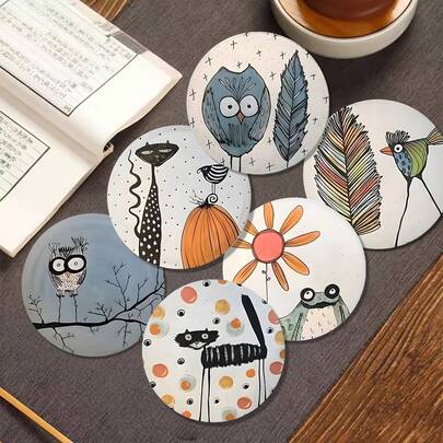 Lot de 6, dessous de verre en bois avec motifs animaux simples, tapis à café isolants de la chaleur, convient pour les bars, les réunions à la maison, les cafés, les bureaux, diverses occasions, cadeaux de décoration d'intérieur
