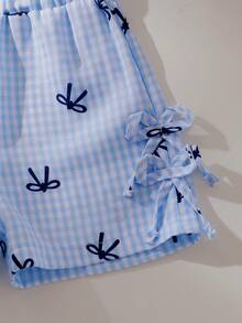 2件套女婴夏季轻薄休闲度假风可爱蝴蝶结格纹荷叶边无袖上衣和松紧腰短裤套装 - 藍色 - 查看 6