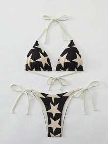 Sexy Black Star Print Bikini 2 Pieces Set, Adjustable Triangle Top + Tie-Up Bottoms, Essential Summer Beach Vacation Swimwear - Black and White - View 5