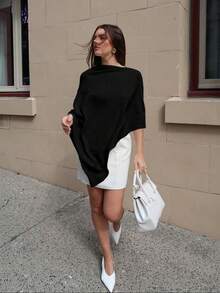 Women's Plain Loose Elegant Fashion Sweater Shawl, All-Season Moderate Fabric Knit Wrap, Stylish Versatile Accessory For Ladies - Black - View 7
