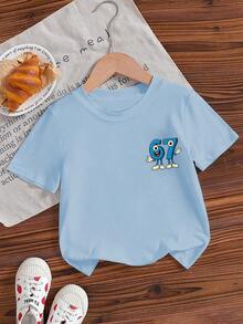 男童休闲印花圆领短袖T恤，夏季上衣 - 淺藍色 - 查看 7
