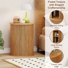 Round Fluted Nightstand, Mid Century Modern Tall Side Table With Storage, End Table With Sliding Tambour Doors, Adjustable Shelf, Small Wood Bedside Table For Bedroom,Living Room,Office - Mustard Yellow - View 6