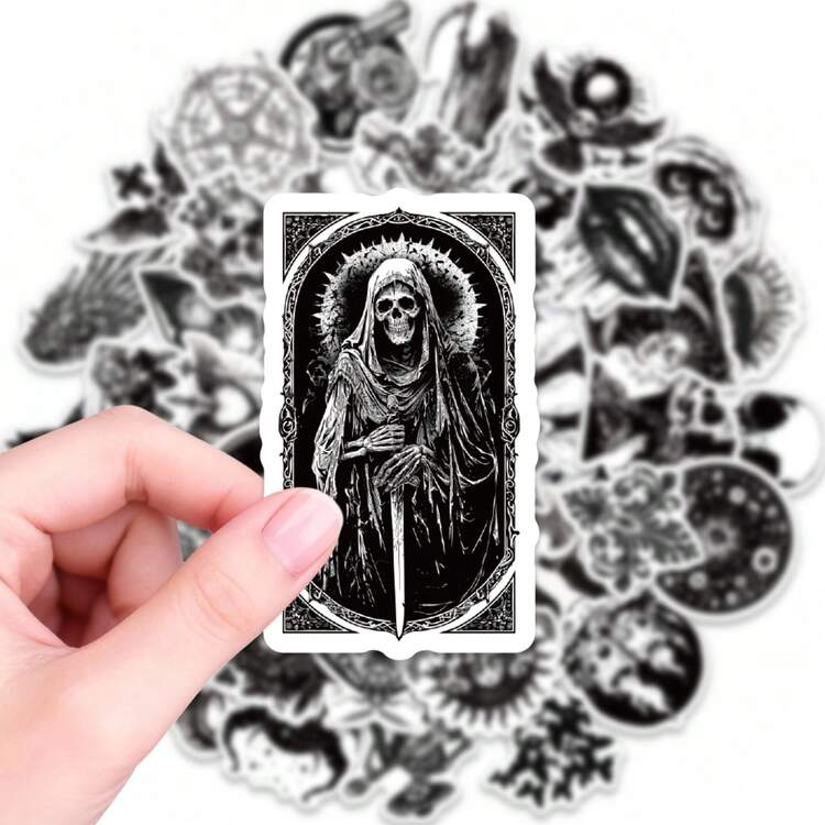 50张神秘艺术贴纸，暗黑美学装饰贴花，适用于日记本、剪贴簿、笔记本装饰，哥特风格配饰，艺术爱好者礼物，防水乙烯基材质，黑白风格 - 1 Set - 查看 6