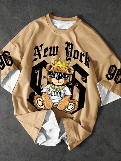 KOVSEE Men's Street Style T-Shirt, Round Neck Short Sleeve, Summer New Design With Crown, Sunglasses, Bear And Number 96 Graphic Print, Suitable For Casual, Sports, Street Photography Outfits