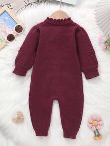 Baby Girl Floral Pattern Loose Knit Romper - Burgundy - View 7