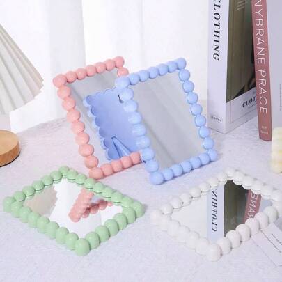 6-Inch Cute Plastic Mirror With Beaded Edge, Decorative Desktop Stand, Home Decor Accessory