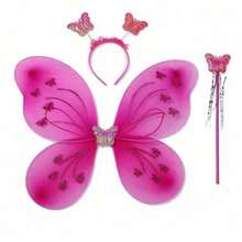Kit Of 3 Butterfly Wing Fairy Costume With Wand And Tiara - Hot Pink - View 2