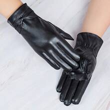1 Pair Women's Autumn Winter Faux Leather Touch Screen Gloves Fleece Lined Warm Windproof For Cycling Commute - Black - View 5