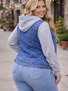 Chamarra Denim Curvy con Mangas de Felpa en Contraste y Capucha. MOD GIOVANA - Lavado ligero - Ver 4