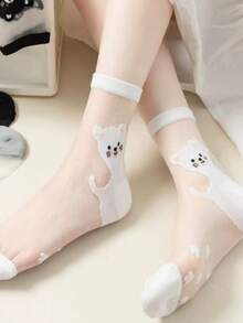 5 Pairs Women's Cute Bear Design Comfortable Personalized Silk Mid-Calf Socks, Spring/Summer - Multicolor - View 5
