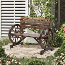 Two-Seater Garden Bench In Brown Fir Wood, Country Style, With Wagon Wheel Shaped Armrests. Dimensions: 105.5 X 56 X 79 Cm. - Camel - View 2
