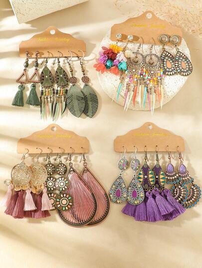 TopHanqi Bộ bông tai nữ theo phong cách nghỉ dưỡng cổ điển Bohemian, Bông tai mặt dây chuyền hợp kim hình học nhiều màu có tua rua, hình giọt nước, hình tròn, thiết kế dây cuộn, phụ kiện thời trang cho các bữa tiệc, đi làm, hẹn hò, chụp đường phố, tất cả các mùa