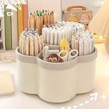 1pc Rotating Pen Holder Desk Organizer, High Capacity, Compartments, Suitable For Student, Children Desk, Creative Pen Rack, Minimalist Design, Random Sticker Pattern - Multicolor - View 11