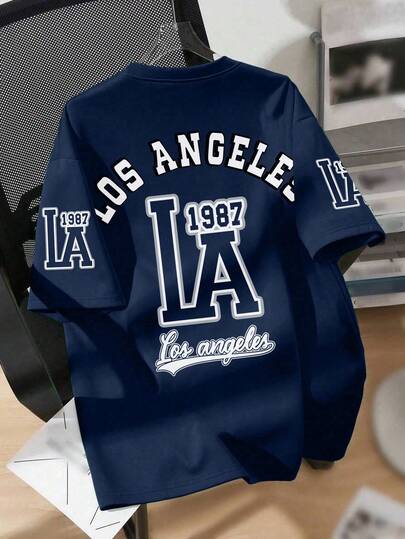 青少年男童复古洛杉矶学院风短袖宽松舒适透气T恤，休闲校园夏季服饰，男童上衣