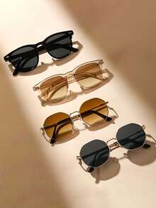 4 Sets Of Vintage Beige Full Frame Nail Art Decorations & Fashion Glasses, Fashionable Lightweight Decorative Glasses, Retro Metal Polygonal Fashion Decorative Glasses, Outdoor Casual Glasses, Gaming & Photography Decorative Glasses - 彩色 - 查看 1