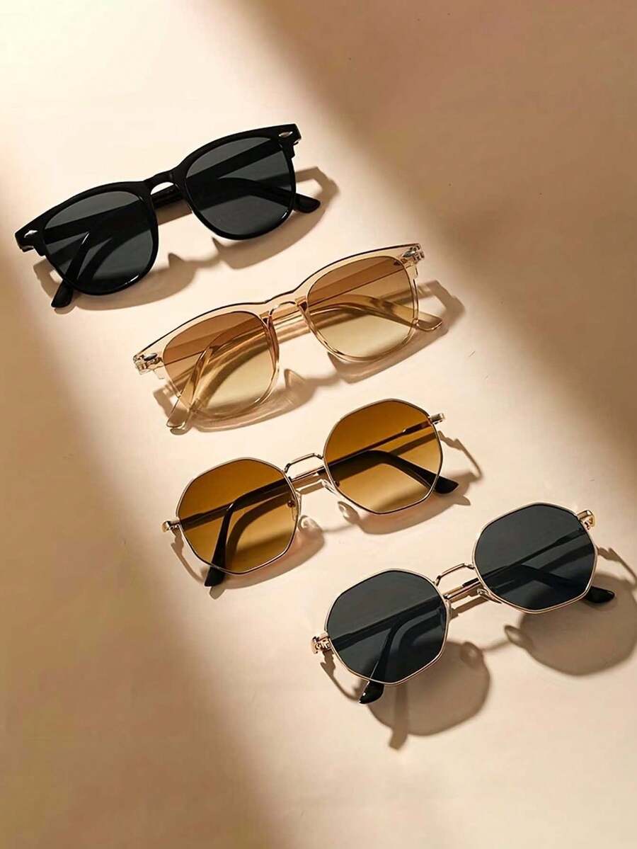 4 Sets Of Vintage Beige Full Frame Nail Art Decorations & Fashion Glasses, Fashionable Lightweight Decorative Glasses, Retro Metal Polygonal Fashion Decorative Glasses, Outdoor Casual Glasses, Gaming & Photography Decorative Glasses - 彩色 - 查看 1