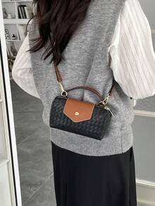 Women's Mini Handbag, Patchwork Color Block, Woven Texture, Crease Detail, Minimalist Shoulder Bag, Magnetic Snap Closure, Casual & Fashionable - Black - View 4