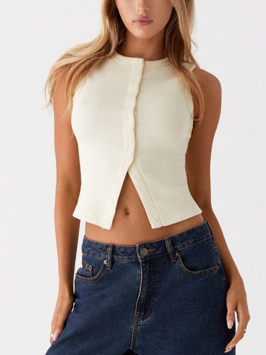 Women Y2k Button Down Tank Tops Casual Summer Ribbed Sleeveless Tees Shirts Basic Slim Fit Vest Shirts Aesthetic Crop Tops Streetwear - 杏色 - 查看 1