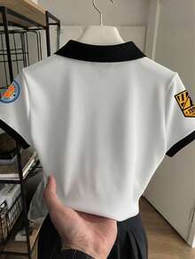 Women's Casual Letter Pattern Contrast Trim Short Sleeve Top, Summer - White - View 2