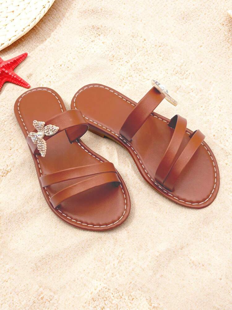 1 Pair Of Girls' Brown Multi-Diamond Style Sandals, Open-Toe Flat, Comfortable And Shining, Vintage Sweet, Summer Beach Shoes - Brown - View 5