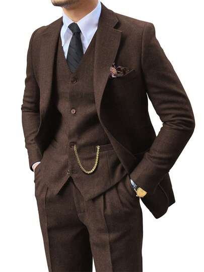 Furuyal 秋冬男士人字纹粗花呢三件套西装，男士纯色双排扣修身正装，商务正装单排扣外套、马甲和西裤套装，适合舞会、派对等场合，展现复古绅士风范。