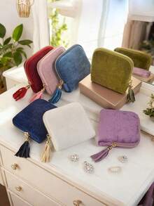 1个天鹅绒旅行首饰收纳袋，便携式首饰整理袋，女士旅行首饰盒，拉链袋，可收纳项链、手链、戒指、耳环、宝石等 - 彩色 - 查看 2