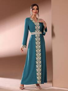 雪纺V领长袖镶嵌蕾丝腰带超长款女士阿拉伯连衣裙 春季 - 水鴨藍 - 查看 5