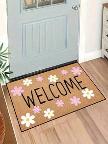 1 pieza Felpudo con patrón floral "Bienvenido", estilo rústico de fibra de poliéster lavable, adecuado para sala de estar, cocina, dormitorio, entrada, decoración del hogar, decoración de la habitación, para todas las estaciones - Mostaza Amarilla - Ver 11