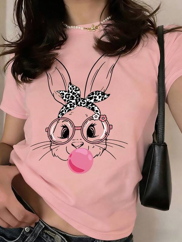 Camiseta corta con gráfico de conejo para niñas - Parte superior de estilo callejero Y2K con estampado de gafas de pañuelo de leopardo y burbujas para reuniones de amigos en verano