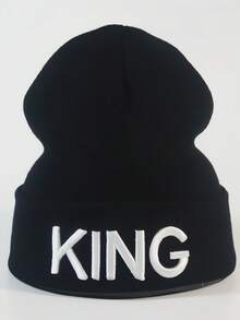 绣有国王和王后图案的针织帽，男女皆宜的冬季针织帽，欧美情侣款卷边宽松帽，畅销保暖帽 - 黑色 - 查看 7