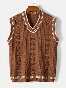Men's Collegiate Style Cable Knit V-Neck Sleeveless Sweater Vest - Brown - View 1