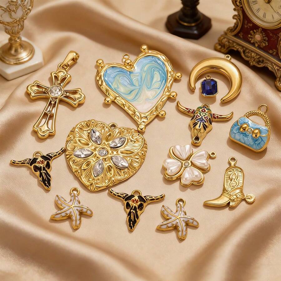 1件装不锈钢时尚心形、十字架、牛头造型包包挂饰，可用于装饰包包、项链和耳环，是DIY珠宝制作的理想配件，适合日常佩戴。 - 金黃色 - 查看 1