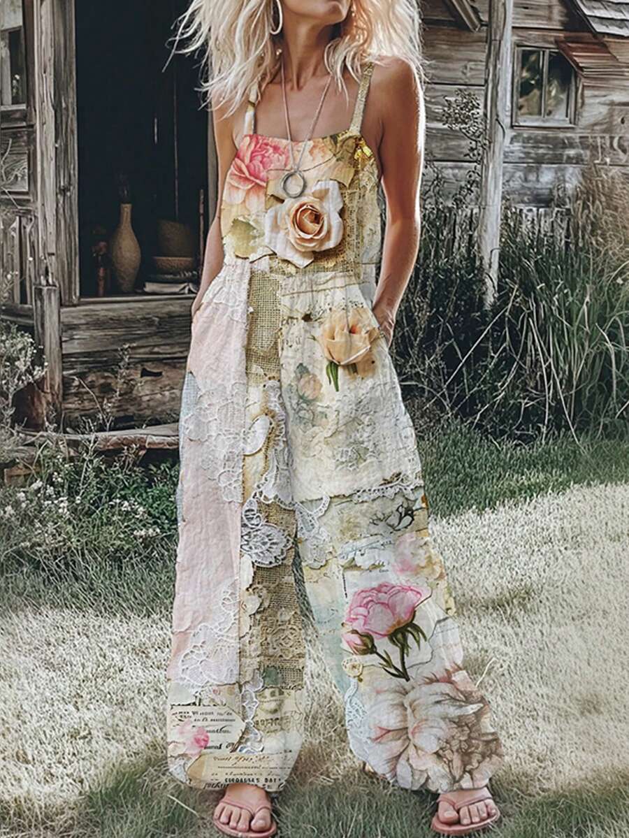 (Free Shipping!!!) 2026 Women's New Arrival Beige & Pink Floral Print Lace Patchwork Spaghetti Strap Wide Leg Elastic Waist Bohemian Pastoral Vintage Casual Jumpsuit - 淺粉色 - 查看 1