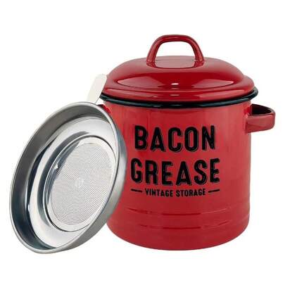 Bacon Grease Collection Jar With Strainer, Large Capacity 46 Oz Vintage Enamel Grease Collection Jar, Suitable For Grease Storage, Kitchen Utensils, Fine Mesh Strainer, Brown Stainless Steel Lid.