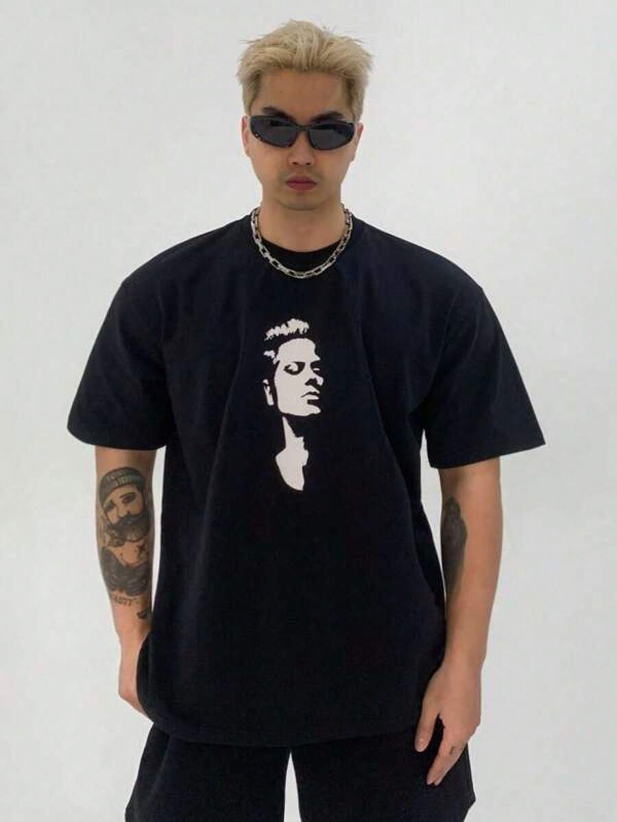 Mens Tshirts Shirts  Summer Dark Graphic Portrait Black T-Shirt For Men Men's Pure Cotton T-Shirt Effortless Styling, Showcase Your Unique Style Men's Fashion Print Casual T-Shirt Casual Summer T-Shirt, Comfortable Outdoor Casual Wear - Black - View 1