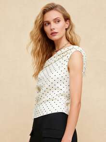 Women Tank Tops Off One Shoulder Sleeveless Dot Print Ruched Summer Crop Going Out Vest - White - View 3
