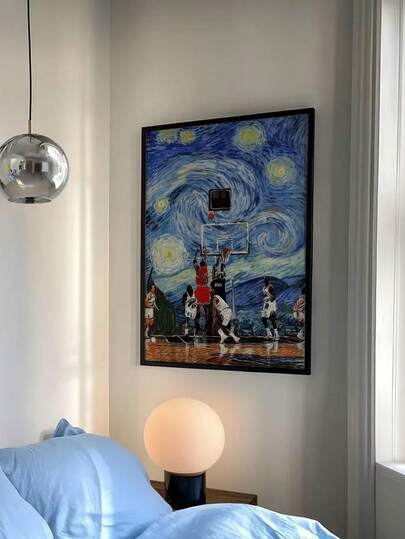 1pc Flat Van Gogh'S Starry Night Basketball Poster - A Modern Sports Art Print, Unframed Canvas With Easy-Suitable For Living Rooms, Offices, Gyms, And Cafes - The Perfect Gift For Basketball Fans And Art Lovers