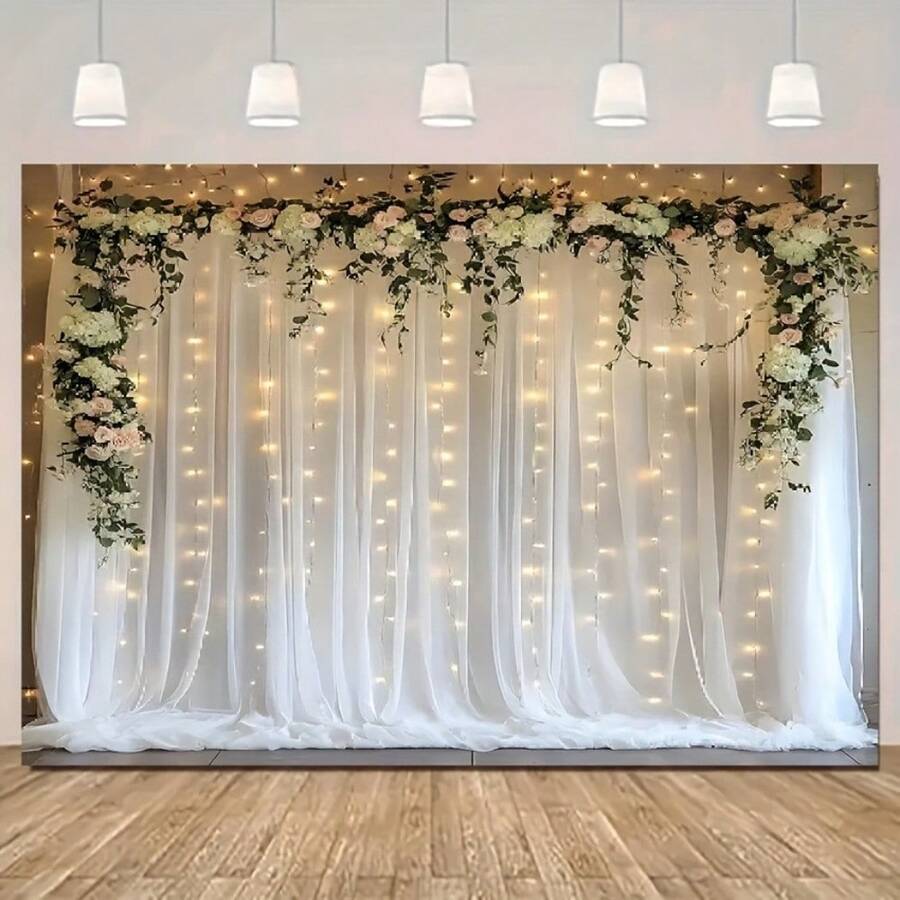 2D平面，1件装优雅白色花卉婚礼背景幕帘，非常适合新娘送礼会、浪漫摄影和带有花卉布置的婚礼装饰。