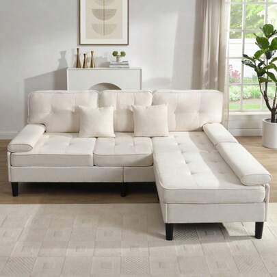 [Modular L-Shaped Design] L-Shaped Chenille Corner Sofa, Multifunctional 3-Seater Sofa With Chaise Longue And Bed, Removable Footrest, 195 Cm Wide, Ideal For Small Apartments