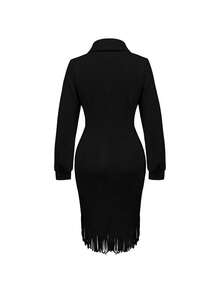 Solid Color Casual Bohemian Fringe Maxi Dress With Zipper Black - Black - View 4