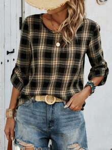 加大码格子梭织面料圆领衬衫，女士时尚常规长度七分袖衬衫 - 黑色 - 查看 5